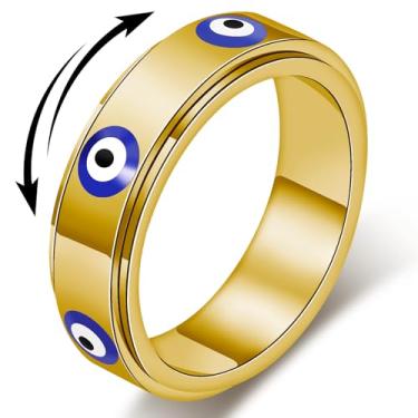 Imagem de Anel antiestresse com olho turco para mulheres – Anel giratório de aço inoxidável banhado a ouro 18K para alívio da ansiedade, amuleto da sorte, proteção da fé turca, presente empilhável para mulheres