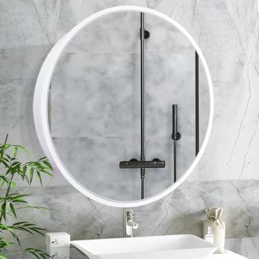 Imagem de Janboe Armário de remédios redondo, armário de remédios com espelho, moldura de alumínio, dobradiça de fechamento suave, 66 cm, branco