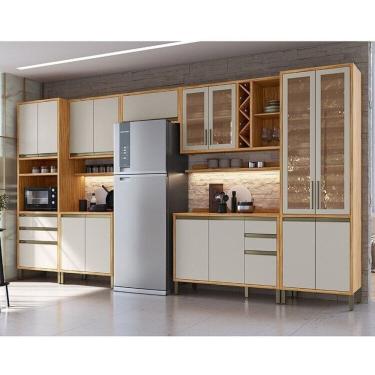 Imagem de Cozinha Modulada Completa 7 Peças 16 Portas com Vidro e Tampo 100% Mdf Barbados Espresso Móveis Amêndoa/Off White