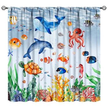 Imagem de Cortinas de animais marinhos para meninos e meninas, quarto de bebê, decoração de desenho animado, peixes tropicais, corais, animais, arte impressa, blecaute, conjunto de tecido, 2 painéis, 106 x 113