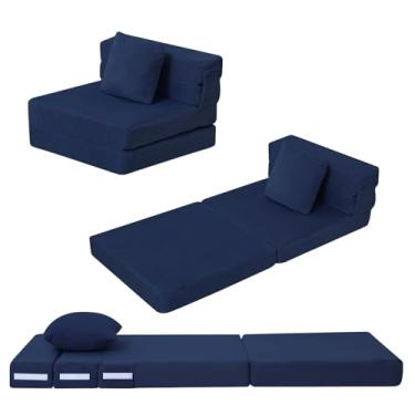 Imagem de MeMoreCool Cadeira futon dobrável para crianças, colchão de sofá infantil, sofá de espuma conversível, colchão de dormir triplo (azul marinho)