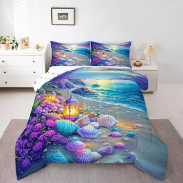 Imagem de Erosebridal Jogo de cama Queen Havaí, praia, verão, oceano, litoral, para crianças, adolescentes, flores roxas, plantas tropicais, concha, litoral, edredom