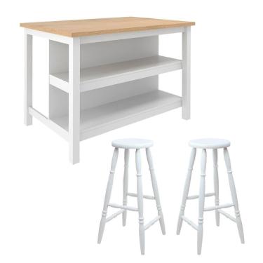 Imagem de Ilha Cozinha + 2 Banquetas Ditália 2 Prateleiras Branco Cd-1019