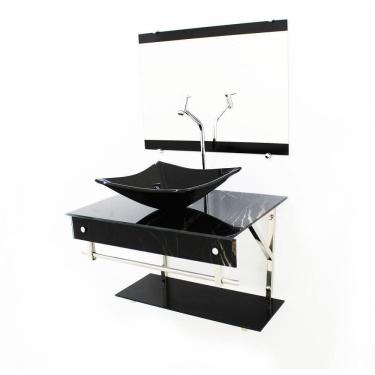 Imagem de Kit Gabinete 60Cm Cuba Quadrada  Mármore Preto + Torneira