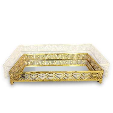 Imagem de Bandeja Decorativa Retangular Luxo Espelhada em Metal para Lavabo, Banheiro e Decoração de Mesa (Dourada)
