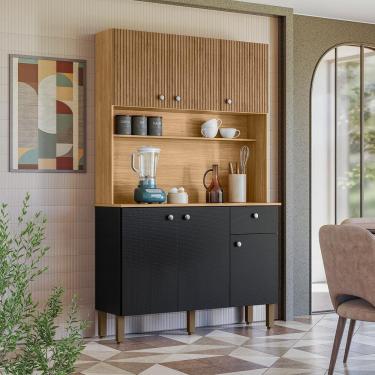 Imagem de Cozinha Compacta Kits Paraná Style 6 Portas 1 Gaveta Ripado Freijó Puxador Inox Pés Reguláveis