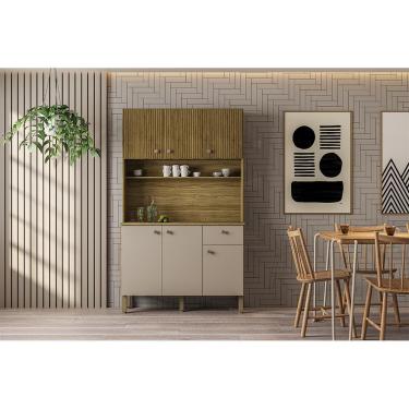 Imagem de Cozinha Compacta Kits Paraná Style 6 Portas 1 Gaveta Ripado Freijó Puxador Inox Pés Reguláveis