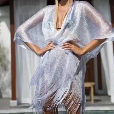Imagem de E0601-Kimono Feminino Saída Praia Brilho Franja Dourado Preto Prateado