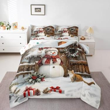 Imagem de Conjunto de edredom de inverno para crianças, boneco de neve e gato, decoração de quarto de adolescentes, casa de fazenda rústica com 1 fronha para todas as estações, solteiro