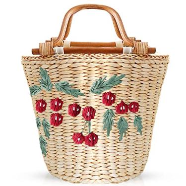 Imagem de QTKJ Bolsa de palha, bolsa de praia para mulheres, bolsa tecida à mão vintage padrão cereja bordado alça de madeira criativa, bolsa grande de vime, adequada para férias à beira-mar e viagens