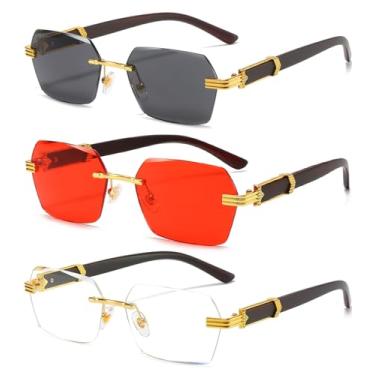 Imagem de AIEYEZO Óculos de sol retrô sem aro retangular, unissex, vintage, sem moldura, modernos, quadrados, matizados, Pacote com 3 (ouro/cinza + ouro/vermelho + ouro/transparente), MM