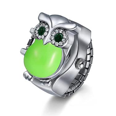 Imagem de JewelryWe Relógio de dedo feminino masculino elegante coruja flip-open capa quartzo analógico anel, tamanho ajustável,, Verde