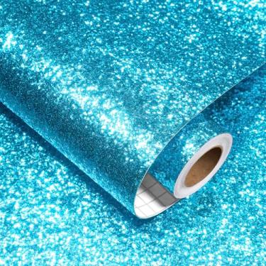Imagem de Decotalk Papel de parede com glitter azul com glitter 45 cm x 304 cm papel de parede azul brilhante papel de contato para paredes lantejoulas removíveis vinil de parede para embrulho de presentes
