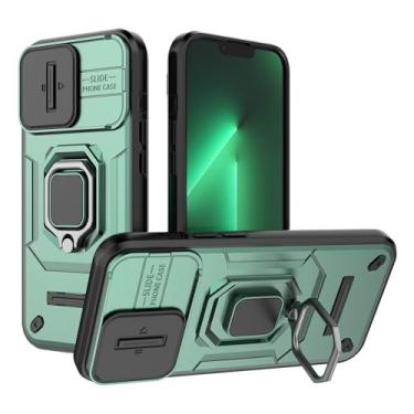 Imagem de SORAKA Capa para iPhone 13 Pro com suporte de anel e capa de câmera deslizante para iPhone 13 Pro com placa de metal para suporte magnético de carro, capa protetora de camada dupla em policarbonato