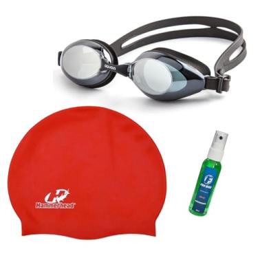 Imagem de Kit Natação com Touca de Silicone, Óculos Nebula Mirror Preto, Anti Embaçante 60ml, para Piscina e Treino (Vermelho)