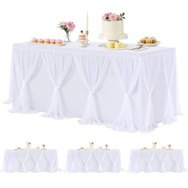 Imagem de Toalha de mesa de tule branca, pacote com 4, capa de mesa esticável, cruzada, 3 lados para casamento, aniversário, decoração de festa, banquete, chá de panela, serve para mesas retangulares de 2,4 m