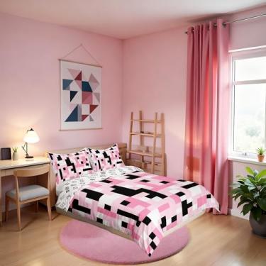 Imagem de Conjunto de capa de edredom infantil Sandbox Pixelated Miner, tamanho Queen, videogame, gamepad, meninas, meninos, decoração de quarto quadrado, quadriculado geométrico, capa de colcha preta, rosa e