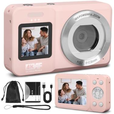 Imagem de Câmera Digital, Câmera de Tela Dupla 4K 64MP, Zoom 18x, Aponte E Dispare 1 Baterias, Rosa, Camera Compacta, Time-Lapse, Temporizador, Vídeo HD（Cartão de Memória Não Incluído）