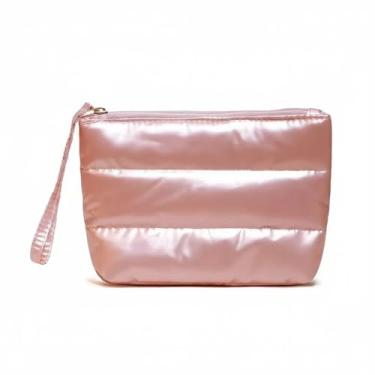 Imagem de CHIC DIVINNA Bolsa de maquiagem acolchoada, bolsa cosmética metálica rosa, bolsa de higiene de viagem inchada para mulheres, rosa