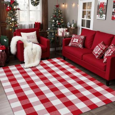 Imagem de MUBIN Tapete xadrez de búfalo de algodão, 1,2 m x 1,8 m vermelho branco xadrez, tapete decorativo para porta da frente, tapete dobrável tecido à mão para tapetes de porta em camadas, tapete lavável