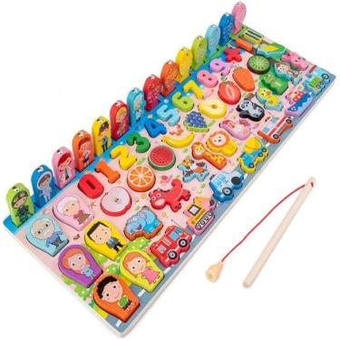 Imagem de Jogo de pesca magnética de quebra-cabeça de madeira com 61 peças para crianças