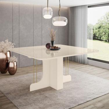 Imagem de Mesa de Jantar Mavi Ambiente 150 cm Canto Arredondado com Vidro Off White - Henn