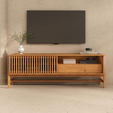 Imagem de IDIMEX Rack Ripado 145 cm Madeira Sala Pés Altos TV 65 Portas Deslizantes Freijó Adamo