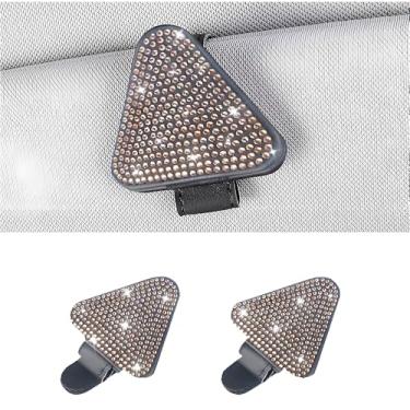 Imagem de MINGZAIQIPEI 2 peças de porta-óculos de sol triangulares de strass brilhante para viseiras de carro de couro magnético organizador de óculos de sol clipe de bilhete (champanhe)