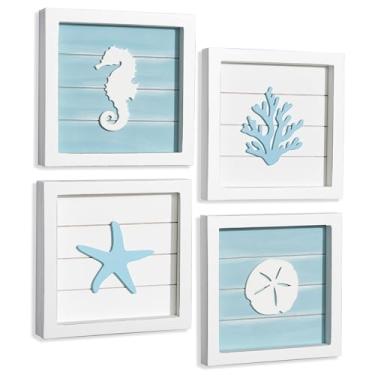 Imagem de Decoração de parede de praia com tema oceano TideAndTales (conjunto emoldurado com 4) Arte de parede 3D costeira com estrela do mar, cavalo marinho, dólar de areia e coral - Decoração de banheiro de praia turquesa - Decorações de praia de concha para casa