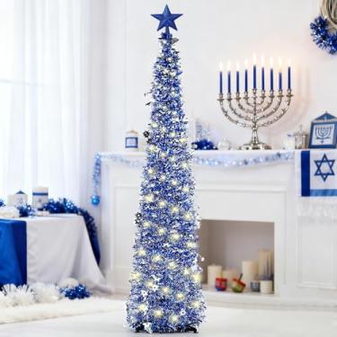 Imagem de Árvore de Natal dobrável de 1,5 m com 40 luzes para decoração de casa de Hanukkah, decoração de Hanukkah, árvore de lápis de tinsel com enfeite de árvore de estrela para decoração de festa de Natal e