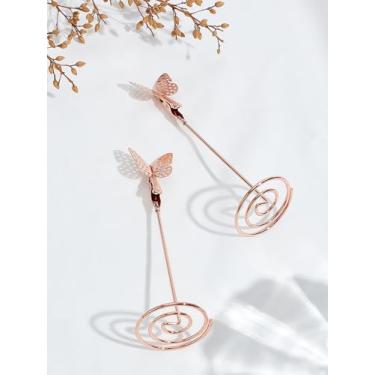 Imagem de 2 peças de grampo de exibição de cartões de visita de ferro, porta-retratos com clipe jacaré, carteira de cartão de visita de borboleta ouro rosa para recepção de casamento, festa de aniversário, 4,2