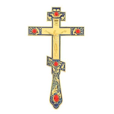 Imagem de RZRHMUHN Cruz de bênção ortodoxa de 26 cm, cruz de mão ortodoxa, crucifixo bizantino de metal, presente de fé para padre, coleção de arte religiosa, decoração de casa (azul)