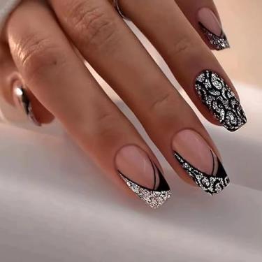 Imagem de Conjunto de 24 peças com estampa de leopardo, pontas pretas, glitter e cola em pregos, caixão, kit de comprimento médio