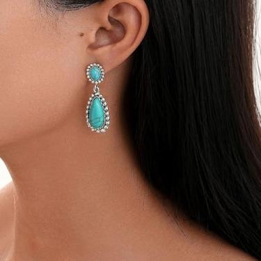Imagem de Brincos femininos turquesa Boho com pingente de pedra natural