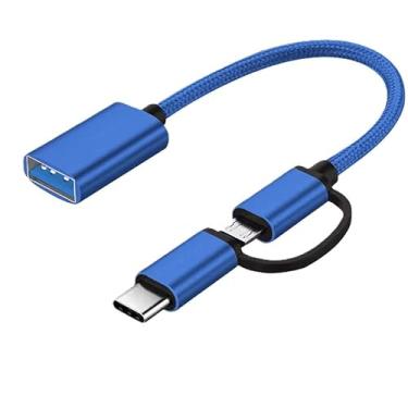 Imagem de Cabo Adaptador OTG 2 em 1, Micro USB e Type-C para USB 3.0, Metalizado, 15cm, Compatível com Smartphones Android, Para Mouse, Teclado e Disco U (Azul)