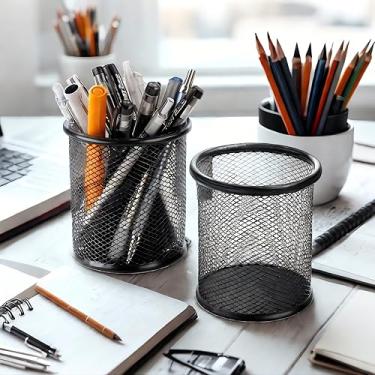 Imagem de Pacote com 2 porta-canetas de metal, porta-lápis para casa, escola e escritório, preto