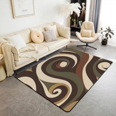 Imagem de Tapete de área espiral verde marrom 100 cm x 150 cm x 1 cm aquarela geométrica patchwork listras tapete interior para sala de estar redemoinhos simples grafite moderno tapete antiderrapante para