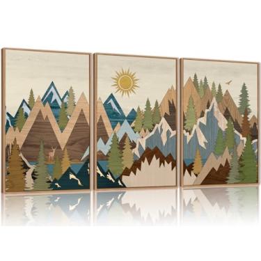 Imagem de FWIEXA Conjunto de 3 arte de parede em tela estilo xilogravura de montanha grande, decoração de parede de pinheiro nascer do sol, pintura animal florestal, paisagem de lago selvagem, 40,6 x 61 cm