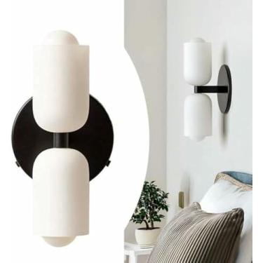 Imagem de WLHAZMWY Arandela de parede de cilindro duplo moderno de meados do século - luminária de 2 lâmpadas douradas com sombra de vidro branco, decorativa (ondas de golfinho)