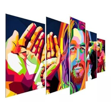 Imagem de Kit quadro decorativo 5 peças 95x60cm Jesus Cristo Leão Tribo Judá