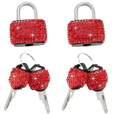 Imagem de 2 peças de mini fechaduras com chaves com strass brilhantes, cadeados de metal brilhante para bagagem, armário, mala, mochila, caixas e bolsa para laptop (vermelho)
