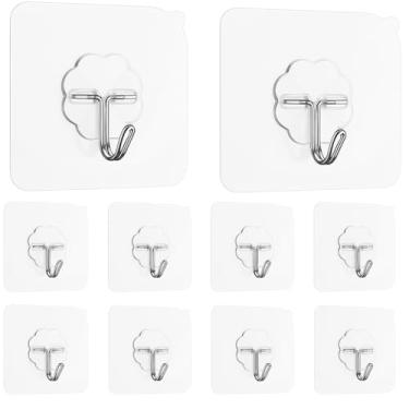 Imagem de Kit 15 Ganchos Adesivos Transparentes Fixação Forte Sem Furos, Suporte Multiuso para Parede, Porta, Azulejo, Cozinha & Banheiro - SHACK (15)