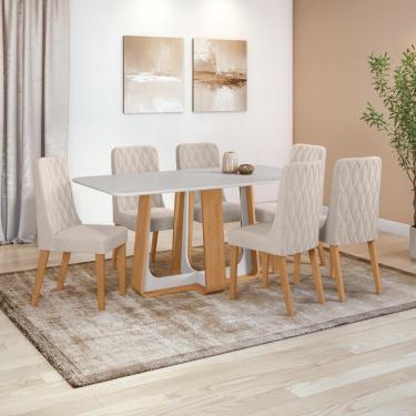 Imagem de Conjunto Sala De Jantar Mesa Easy Pop 170x90cm Tampo Vidro/mdf Com 6 Cadeiras Seat Boucle Bege Amendoa/off White