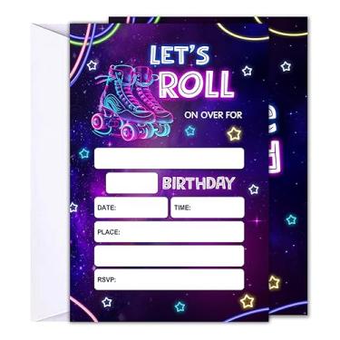 Imagem de Moonle Let's ROLL Convites de aniversário para adolescentes, decoração de festa de aniversário neon para crianças, pacote com 20 envelopes