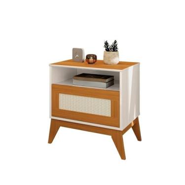 Imagem de Mesa de Cabeceira Retrô 1 Gaveta Com Nicho e Pés de Madeira Maciça com Ratam Galaxy(OFFWHITE E CEDRO)
