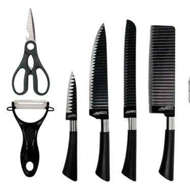 Imagem de Conjunto de Facas, 6 Peças em Aço Inox, Preto, com Descascador, Lâminas Antiaderentes, Cabo Ergonômico, para Cozinha, 21x36x3cm