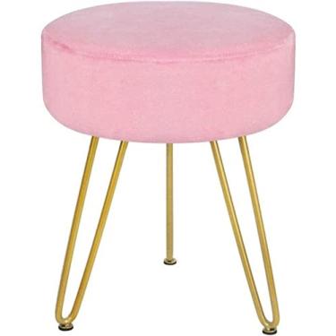 Imagem de SENNIAN Banqueta para os pés de veludo, banquinho redondo, otomano, moderno para apoio para os pés, cadeiras decorativas de 3 pernas, banquinho para penteadeira para sala de estar e quarto, rosa HOM