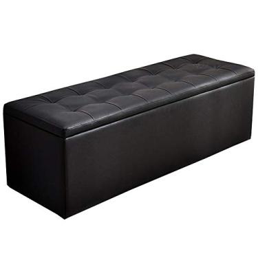 Imagem de Banqueta otomana PU assento de madeira retangular banco de armazenamento preto otomano capa articulada peso do rolamento 120 kg móveis de sala de estar otomanos (cor: preto, tamanho: 120 cm)
