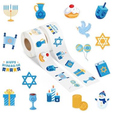 Imagem de OSNIE Adesivos Happy Hanukkah em 2 rolos - 1000 peças de adesivos Chanukkah Menorá para crianças e adultos, livros azuis boneco de neve pássaro Chanucá Tema Decalques Presente para decoração de casa