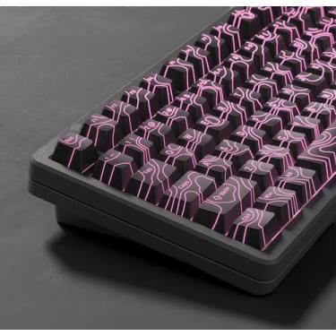 Imagem de dagaladoo Conjunto de teclas PBT Double Shot com 118 teclas pretas topográficas brilham através de teclas personalizadas Cherry Profile Capas de teclado personalizadas para teclado mecânico 60/65/75